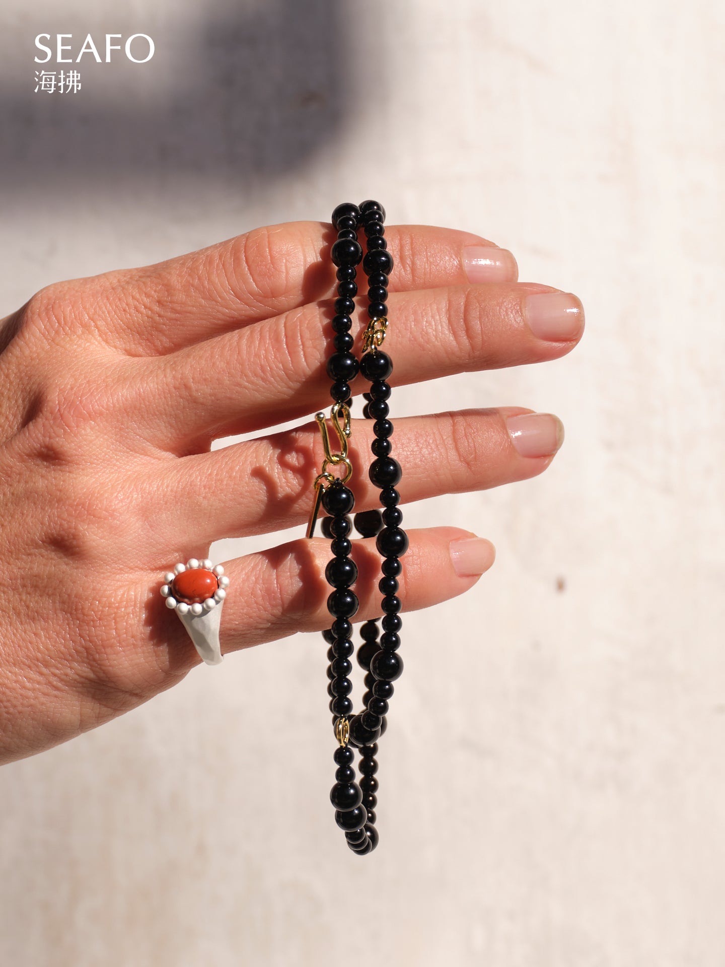 'Knotless' Black Onyx Beaded Necklace