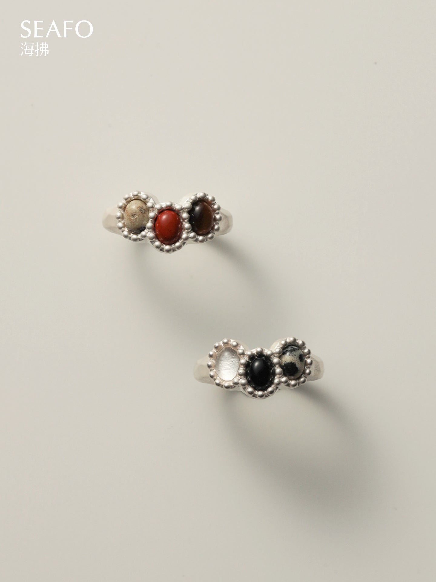 Classic Three-Stone Grandma Ring（Black Agate）