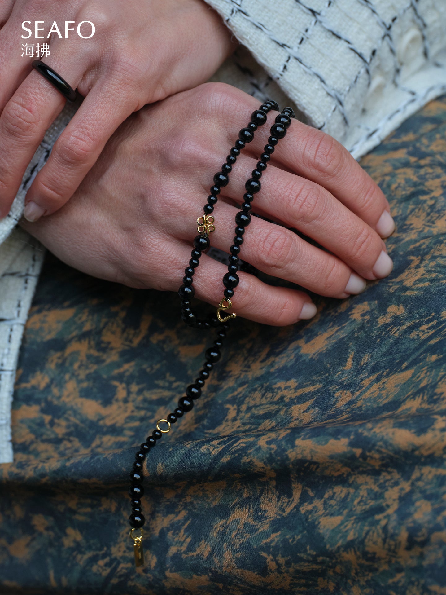 'Knotless' Black Onyx Beaded Necklace